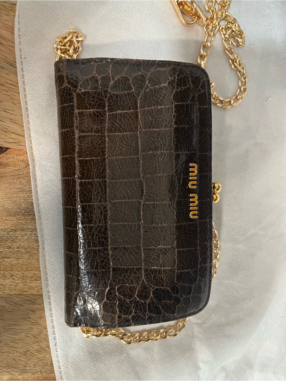 Miu Miu Dark Brown Croc-Embossed kisslock wallet Bag with gold hardware